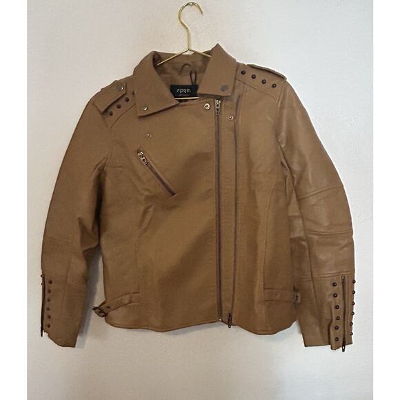 S P Y M Women's Jacket Faux Motorcycle Biker Coat Brown Large - Picture 1 of 14